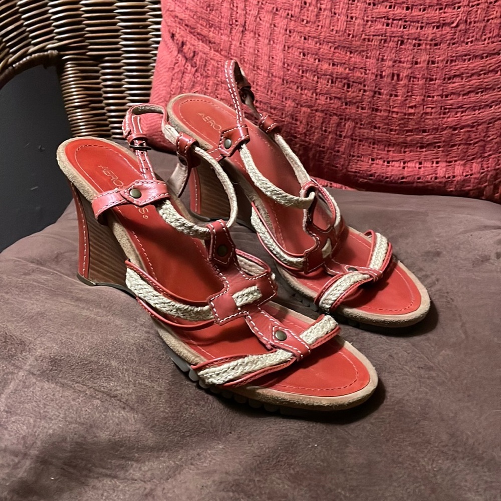 Aerosoles Wedge Sandals Womens 8.5 Red Good Strappy Rope Slingback Shoes